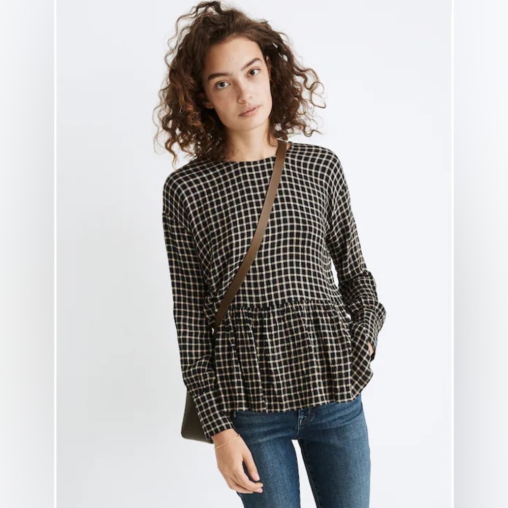 Madewell Button-Back Peplum Top in Mini Windowpane Check Twill Black Tan S